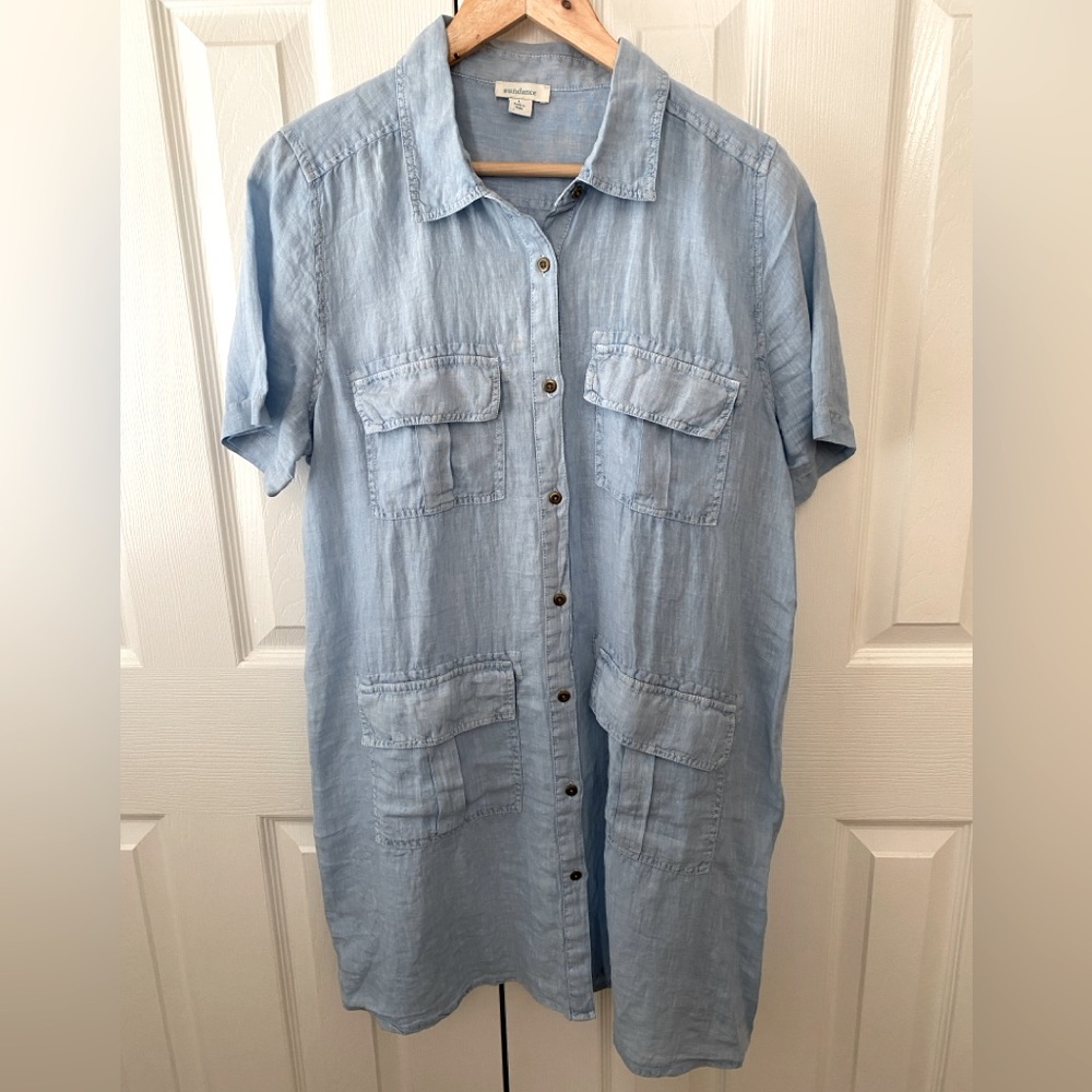 sundance Light Blue 100% Linen Button Front Shirt Dress SZ L